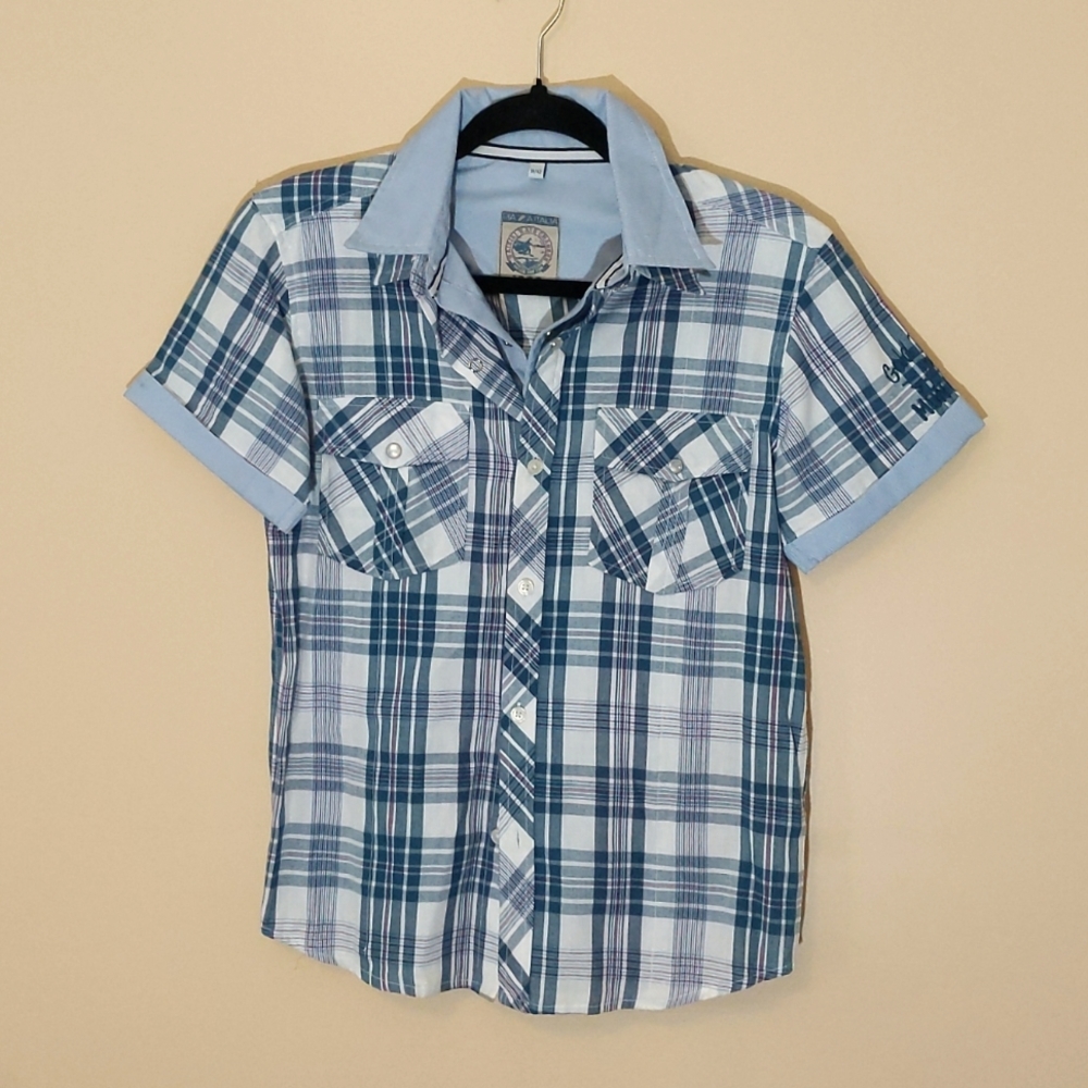 Piazza Italia| Blue & Purple Plaid Short Sleeve Button Down Shirt Front Pocket
